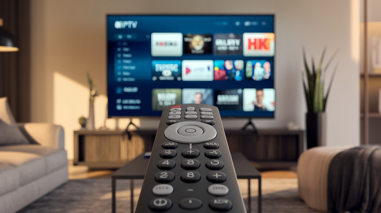 a remote control in front of a television - IPTV Streaming